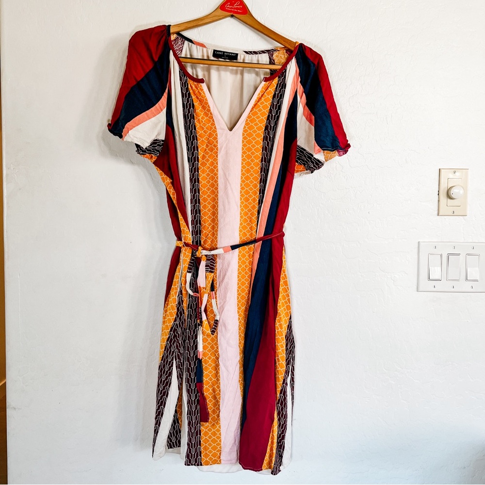 Lane Bryant Multicolor Striped V-Neck Belted Dress - Red/Orange/Pink